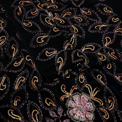 Indian Antique Vintage Heavy Sari Black Pure Silk Hand Embroidered Sarees Craft Fabric 5Yd Sewing Soft Zardozi/Dabka Sequins