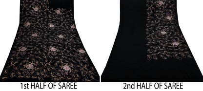 Indian Antique Vintage Heavy Sari Black Pure Silk Hand Embroidered Sarees Craft Fabric 5Yd Sewing Soft Zardozi/Dabka Sequins