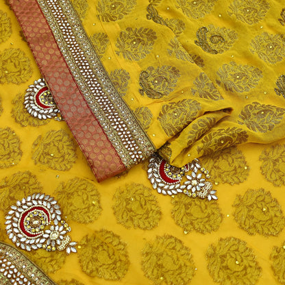 Indian Vintage Heavy Yellow Saree Georgette & Net Hand Beaded Sari Fabric 6Yd Sewing Soft Ethnic Wedding Sarees With Blouse