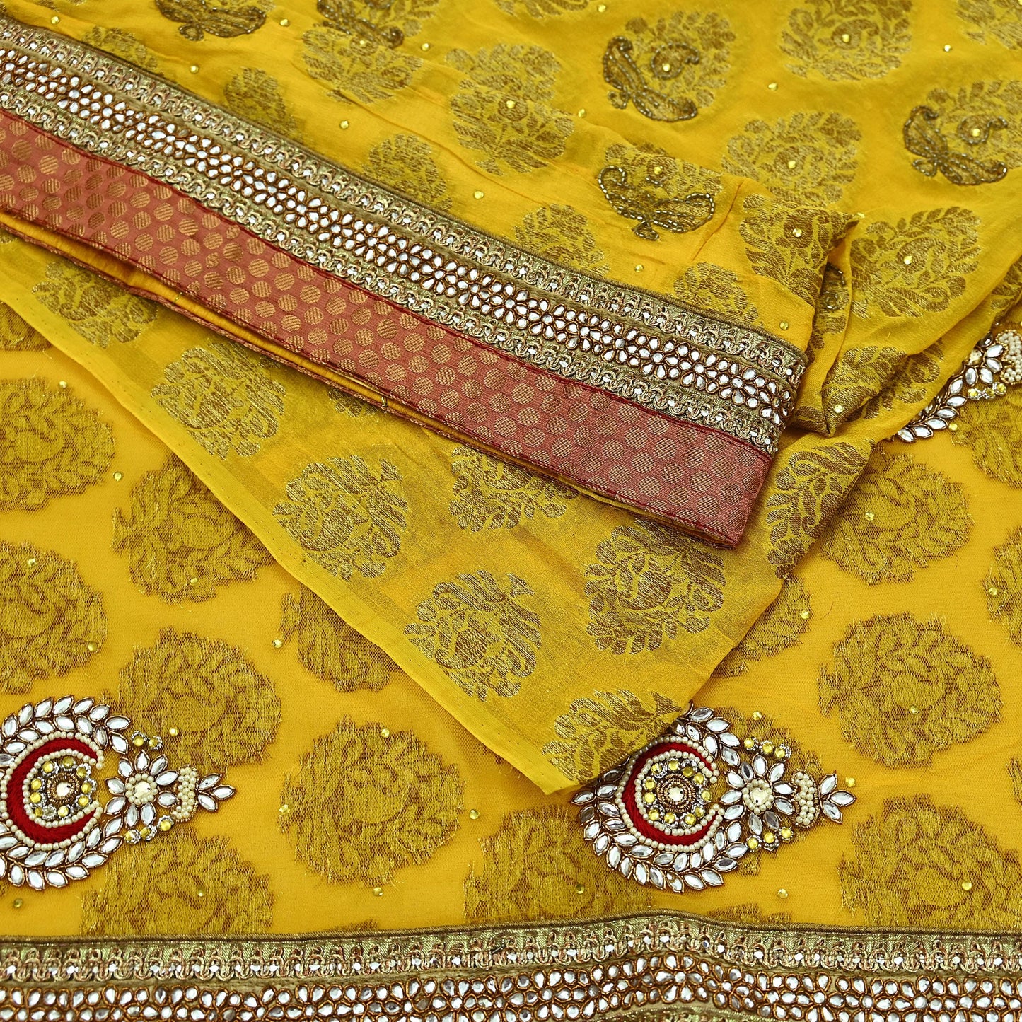 Indian Vintage Heavy Yellow Saree Georgette & Net Hand Beaded Sari Fabric 6Yd Sewing Soft Ethnic Wedding Sarees With Blouse