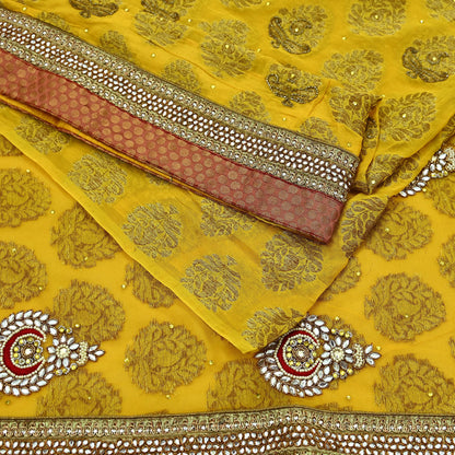 Indian Vintage Heavy Yellow Saree Georgette & Net Hand Beaded Sari Fabric 6Yd Sewing Soft Ethnic Wedding Sarees With Blouse