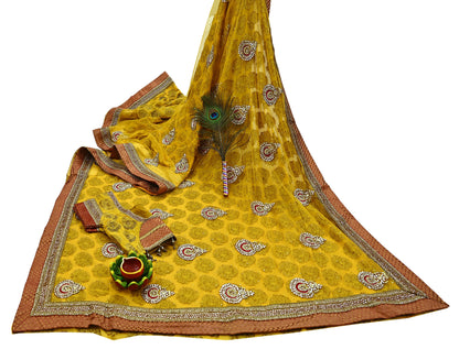 Indian Vintage Heavy Yellow Saree Georgette & Net Hand Beaded Sari Fabric 6Yd Sewing Soft Ethnic Wedding Sarees With Blouse