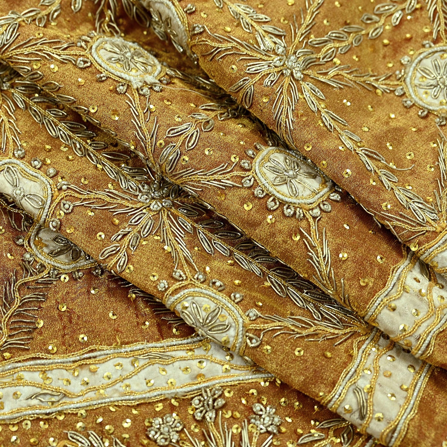 Indian Vintage Heavy Dupatta Golden Pure Tissue Silk Long Stole Hand Embroidered Scarves Zari Zardozi/Dabka Wedding/Bridal Wear