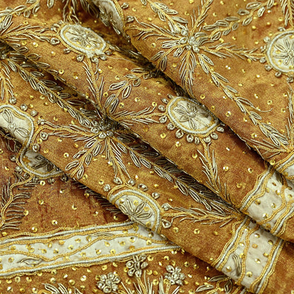 Indian Vintage Heavy Dupatta Golden Pure Tissue Silk Long Stole Hand Embroidered Scarves Zari Zardozi/Dabka Wedding/Bridal Wear