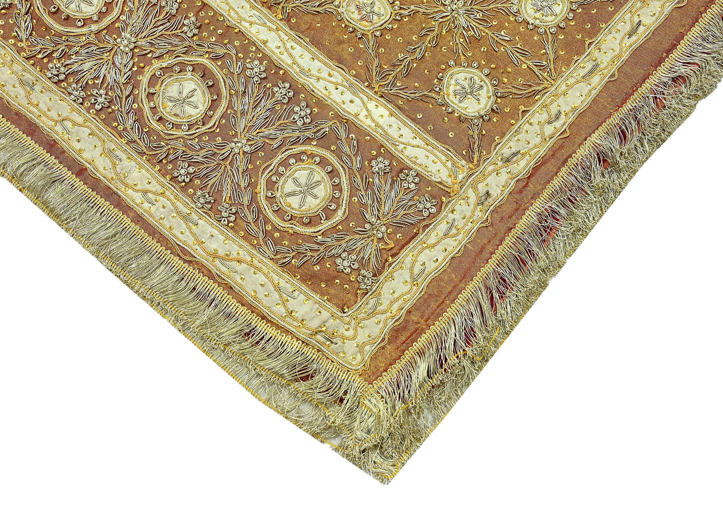 Indian Vintage Heavy Dupatta Golden Pure Tissue Silk Long Stole Hand Embroidered Scarves Zari Zardozi/Dabka Wedding/Bridal Wear
