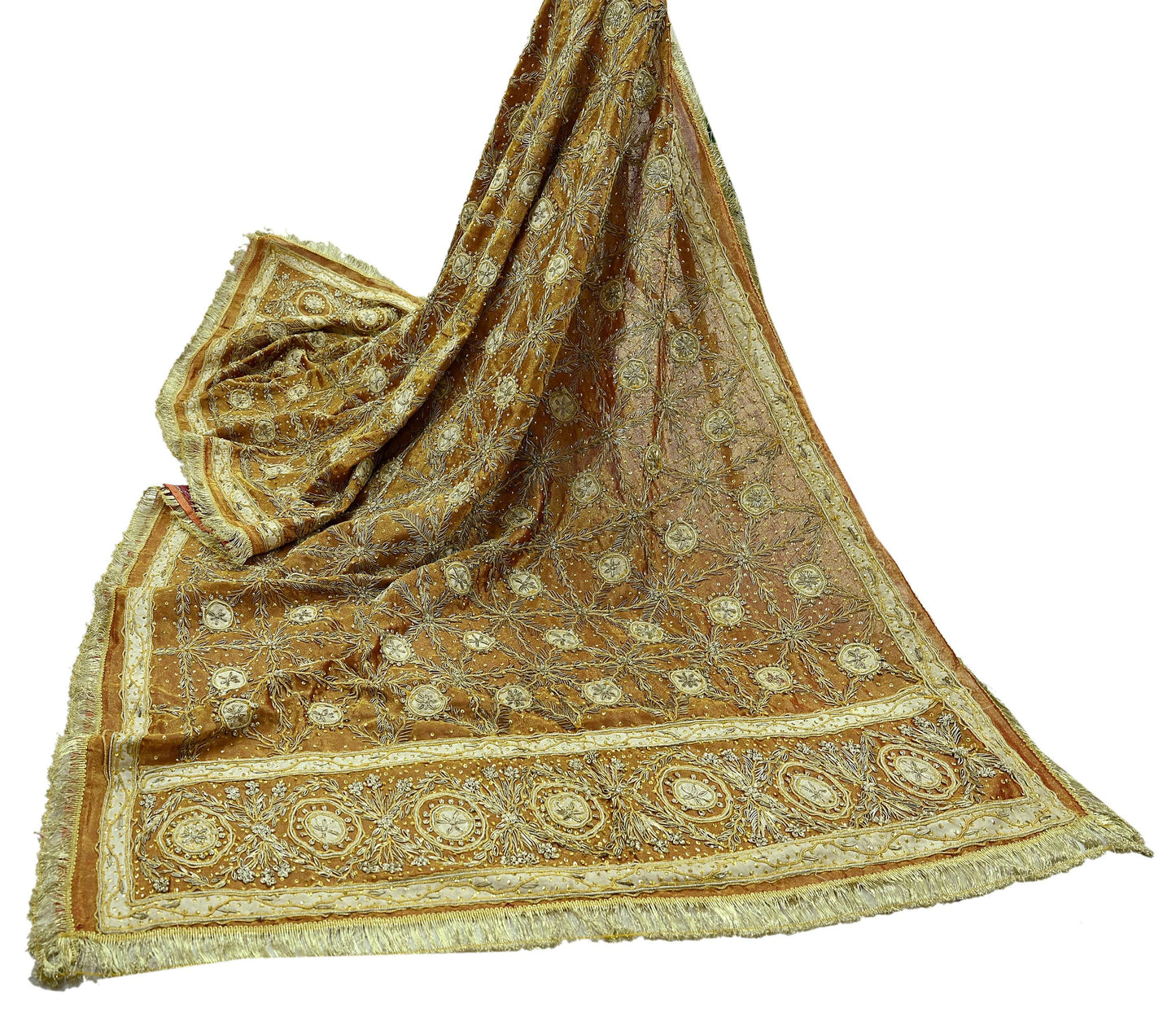 Indian Vintage Heavy Dupatta Golden Pure Tissue Silk Long Stole Hand Embroidered Scarves Zari Zardozi/Dabka Wedding/Bridal Wear