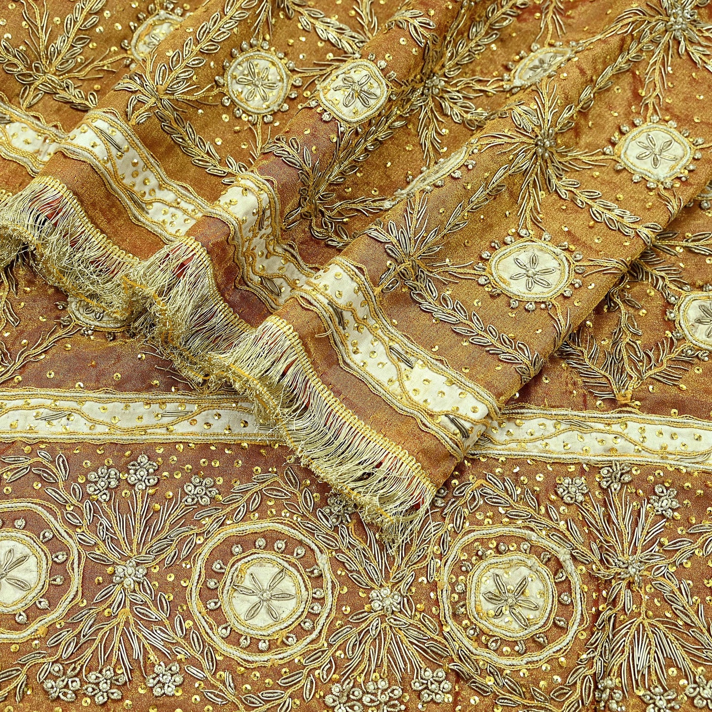 Indian Vintage Heavy Dupatta Golden Pure Tissue Silk Long Stole Hand Embroidered Scarves Zari Zardozi/Dabka Wedding/Bridal Wear