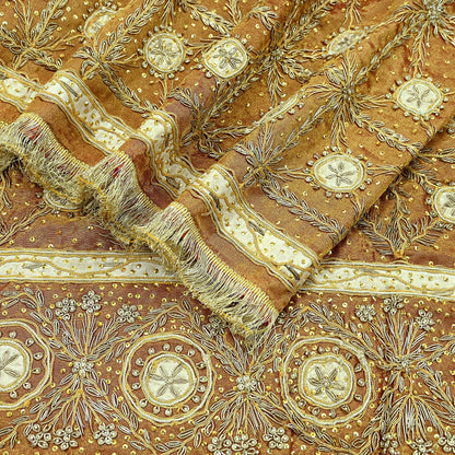 Indian Vintage Heavy Dupatta Golden Pure Tissue Silk Long Stole Hand Embroidered Scarves Zari Zardozi/Dabka Wedding/Bridal Wear