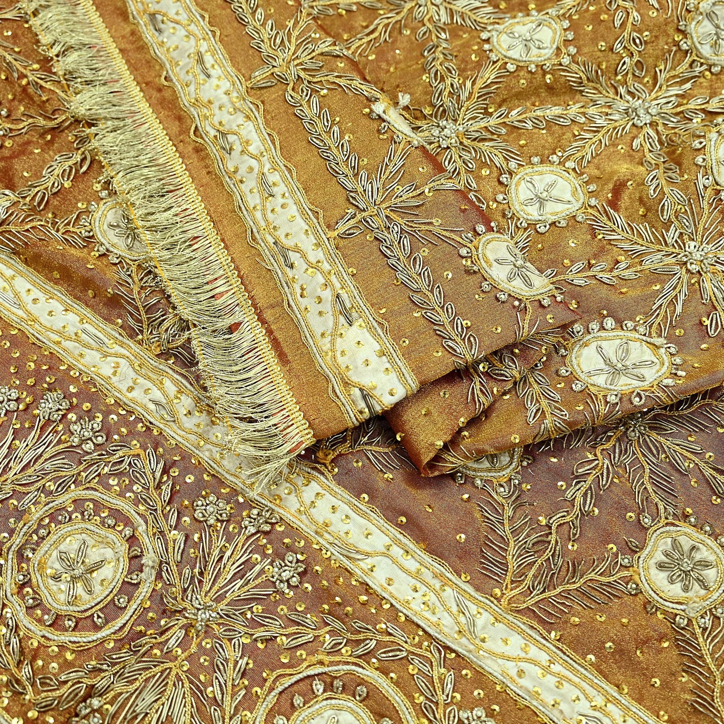Indian Vintage Heavy Dupatta Golden Pure Tissue Silk Long Stole Hand Embroidered Scarves Zari Zardozi/Dabka Wedding/Bridal Wear