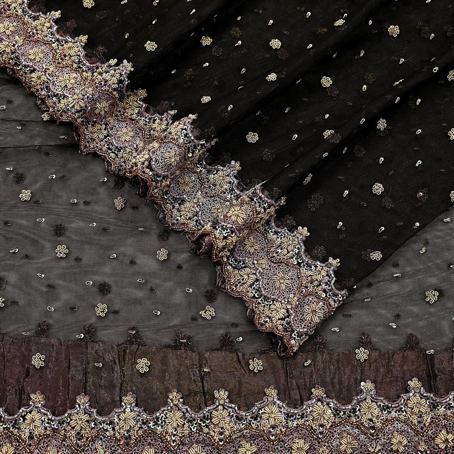 Indian Vintage Heavy Coffee Brown Dupatta Net Mesh Long Stole Hand Embroidered Scarves Golden Zardozi Dabka Zari Sequins