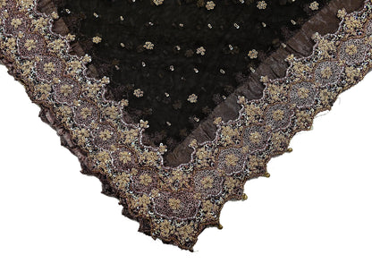 Indian Vintage Heavy Coffee Brown Dupatta Net Mesh Long Stole Hand Embroidered Scarves Golden Zardozi Dabka Zari Sequins