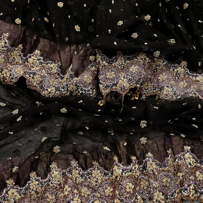 Indian Vintage Heavy Coffee Brown Dupatta Net Mesh Long Stole Hand Embroidered Scarves Golden Zardozi Dabka Zari Sequins