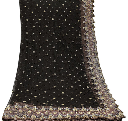 Indian Vintage Heavy Coffee Brown Dupatta Net Mesh Long Stole Hand Embroidered Scarves Golden Zardozi Dabka Zari Sequins