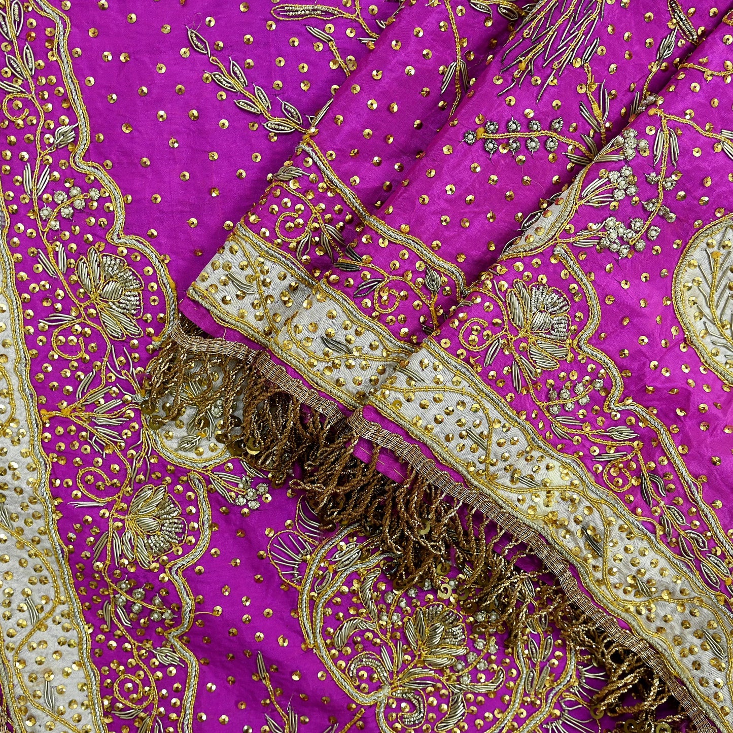 Indian Vintage Heavy Bridal Dupatta Purple Pure Silk Long Stole Hand Embroidered Hijab Scarf Zardozi/Dabka Zari Wedding Dupatta