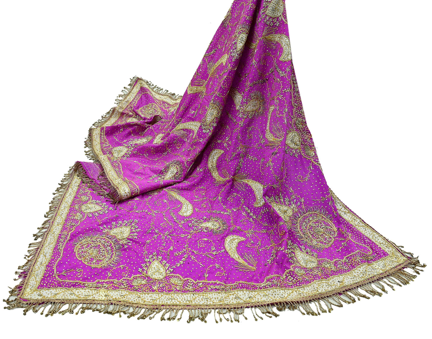 Indian Vintage Heavy Bridal Dupatta Purple Pure Silk Long Stole Hand Embroidered Hijab Scarf Zardozi/Dabka Zari Wedding Dupatta