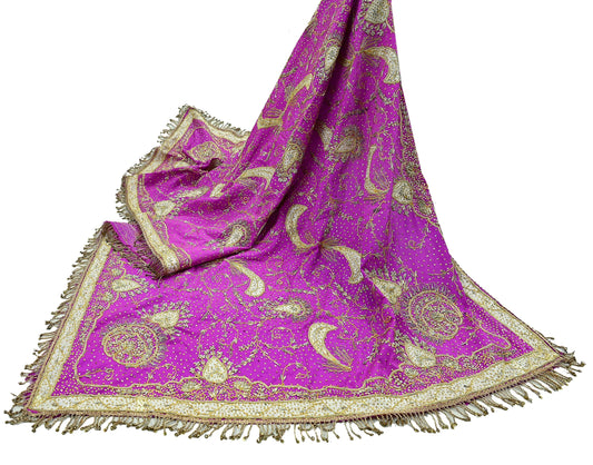 Indian Vintage Heavy Bridal Dupatta Purple Pure Silk Long Stole Hand Embroidered Hijab Scarf Zardozi/Dabka Zari Wedding Dupatta