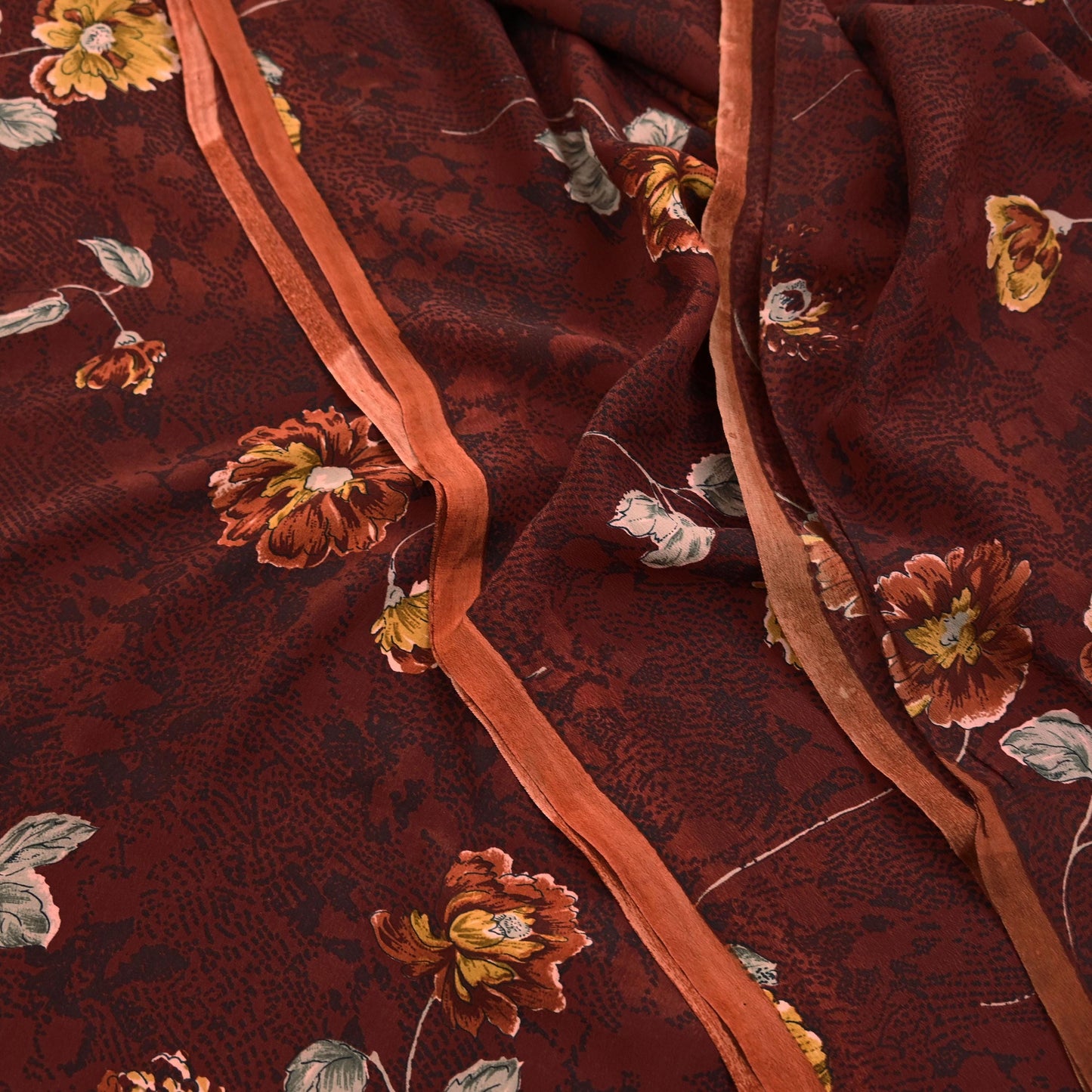 Indian Vintage Maroon Saree Pure Crepe Silk Printed Sari Craft Fabric 5yd Sewing Floral Soft Wrap Dress Making Crafting Quilting Upcycle