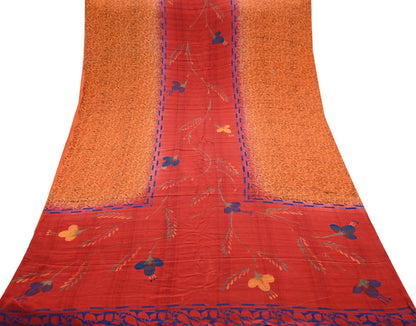 Indian Vintage Sari Orange & Red Pure Crepe Silk Printed Saree 5yd Sewing Floral Soft Craft Fabric Wrap Dress making Crafting Quilting