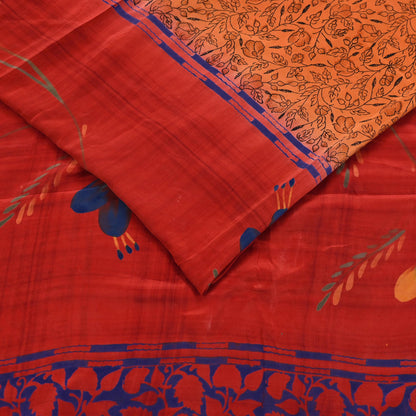 Indian Vintage Sari Orange & Red Pure Crepe Silk Printed Saree 5yd Sewing Floral Soft Craft Fabric Wrap Dress making Crafting Quilting