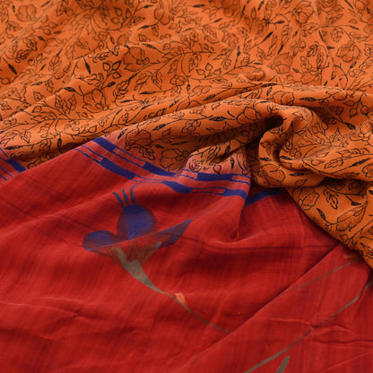 Indian Vintage Sari Orange & Red Pure Crepe Silk Printed Saree 5yd Sewing Floral Soft Craft Fabric Wrap Dress making Crafting Quilting