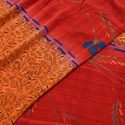 Indian Vintage Sari Orange & Red Pure Crepe Silk Printed Saree 5yd Sewing Floral Soft Craft Fabric Wrap Dress making Crafting Quilting