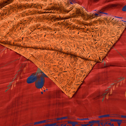 Indian Vintage Sari Orange & Red Pure Crepe Silk Printed Saree 5yd Sewing Floral Soft Craft Fabric Wrap Dress making Crafting Quilting