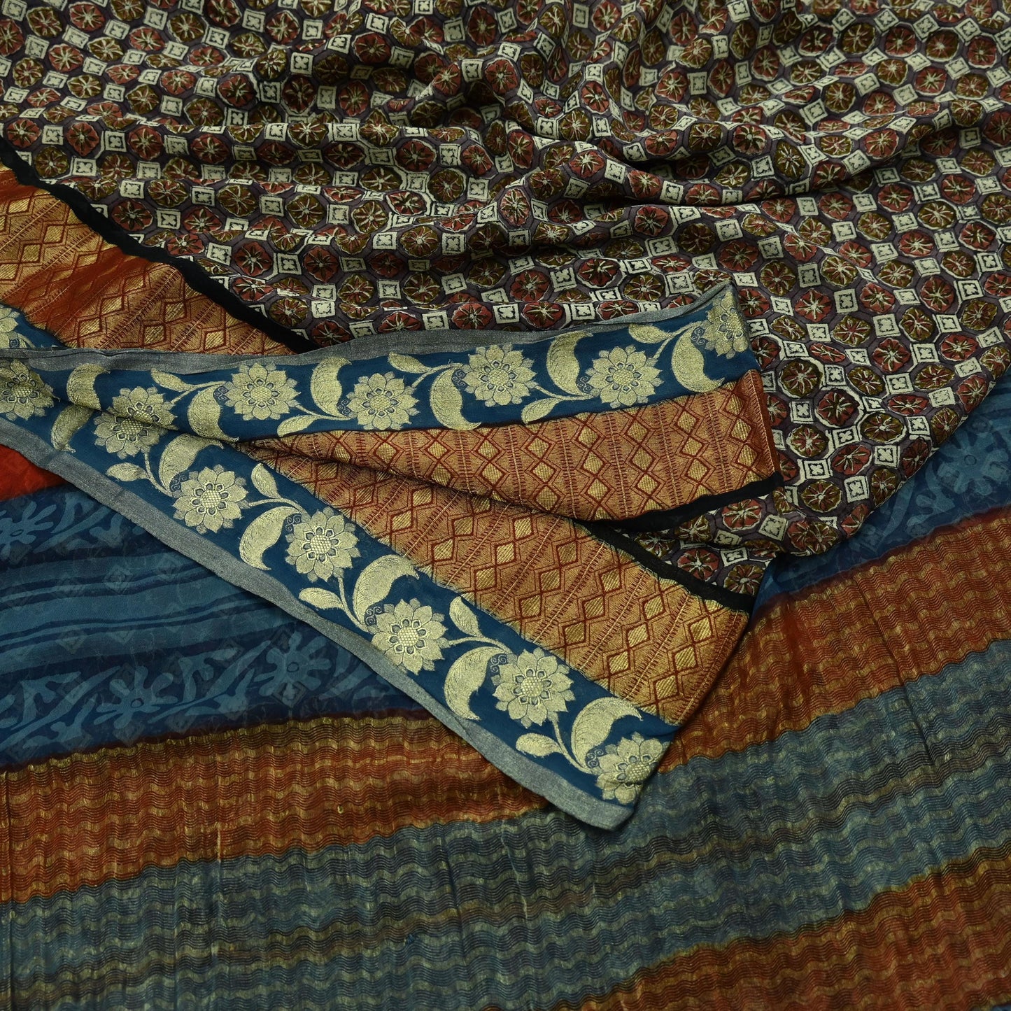 Women Vintage Sari Purple & Blue Pure Georgette Silk Printed Sarees Craft Fabric Sewing 5Yd Soft Dress Making Zari Border Crafting Quilting
