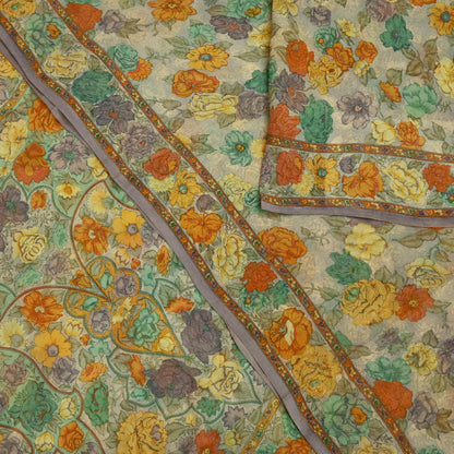 Women Vintage Sari Beige Pure Chiffon Silk Printed Sarees Craft Fabric Sewing 5Yd Soft Dress Making Floral Crafting Quilting Upcycle Used