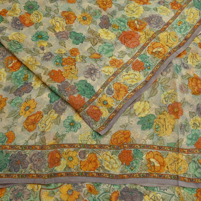 Women Vintage Sari Beige Pure Chiffon Silk Printed Sarees Craft Fabric Sewing 5Yd Soft Dress Making Floral Crafting Quilting Upcycle Used