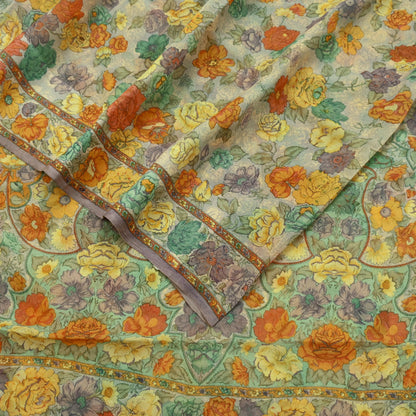 Women Vintage Sari Beige Pure Chiffon Silk Printed Sarees Craft Fabric Sewing 5Yd Soft Dress Making Floral Crafting Quilting Upcycle Used