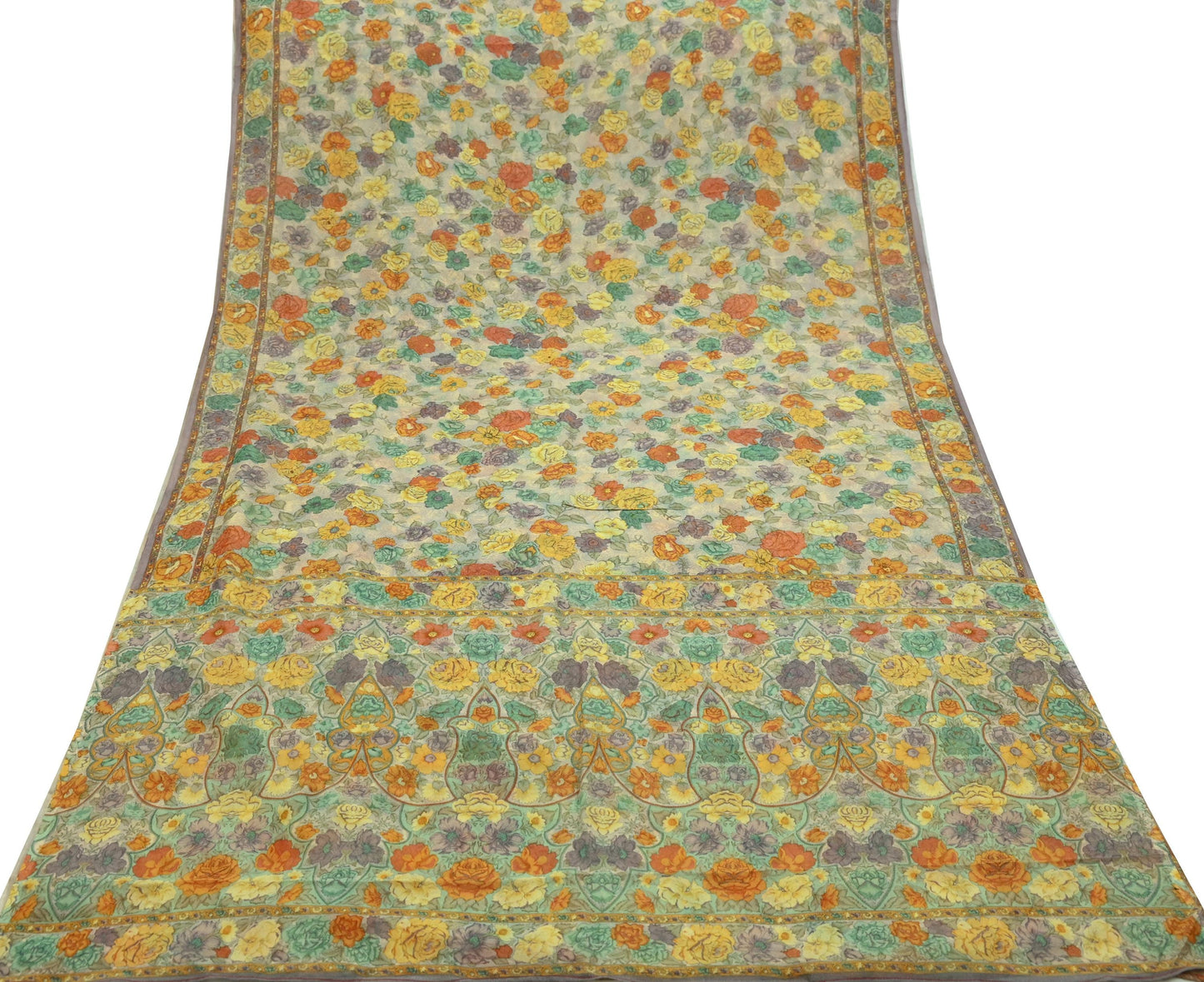 Women Vintage Sari Beige Pure Chiffon Silk Printed Sarees Craft Fabric Sewing 5Yd Soft Dress Making Floral Crafting Quilting Upcycle Used