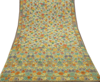 Women Vintage Sari Beige Pure Chiffon Silk Printed Sarees Craft Fabric Sewing 5Yd Soft Dress Making Floral Crafting Quilting Upcycle Used