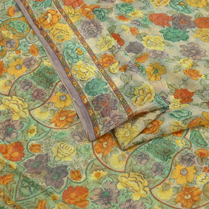 Women Vintage Sari Beige Pure Chiffon Silk Printed Sarees Craft Fabric Sewing 5Yd Soft Dress Making Floral Crafting Quilting Upcycle Used