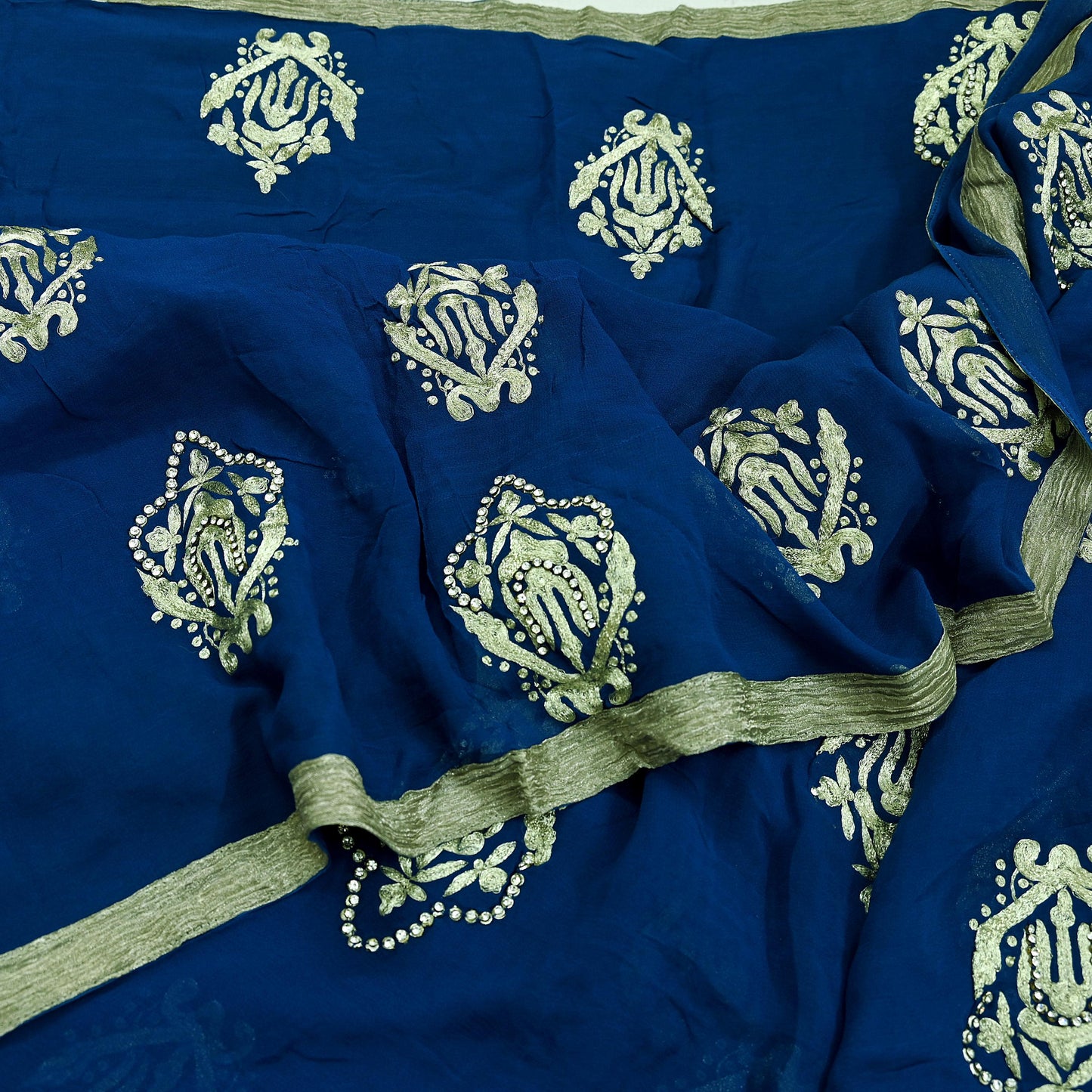 Indian Vintage Heavy Sari Blue Pure Georgette Silk Hand Embroidered Sarees Craft Fabric 5Yd Sewing Ethnic Zardozi/dabka zari Wedding sarees