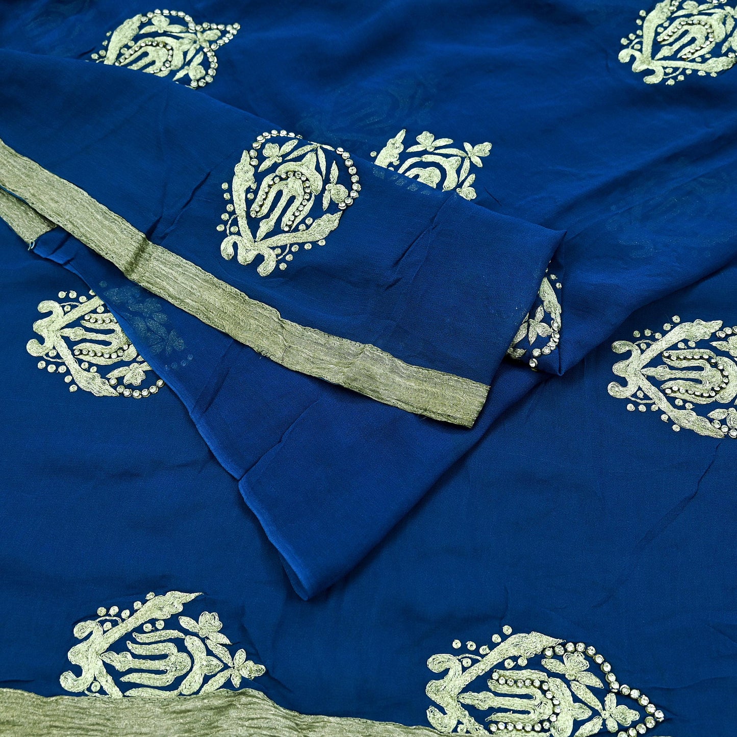 Indian Vintage Heavy Sari Blue Pure Georgette Silk Hand Embroidered Sarees Craft Fabric 5Yd Sewing Ethnic Zardozi/dabka zari Wedding sarees