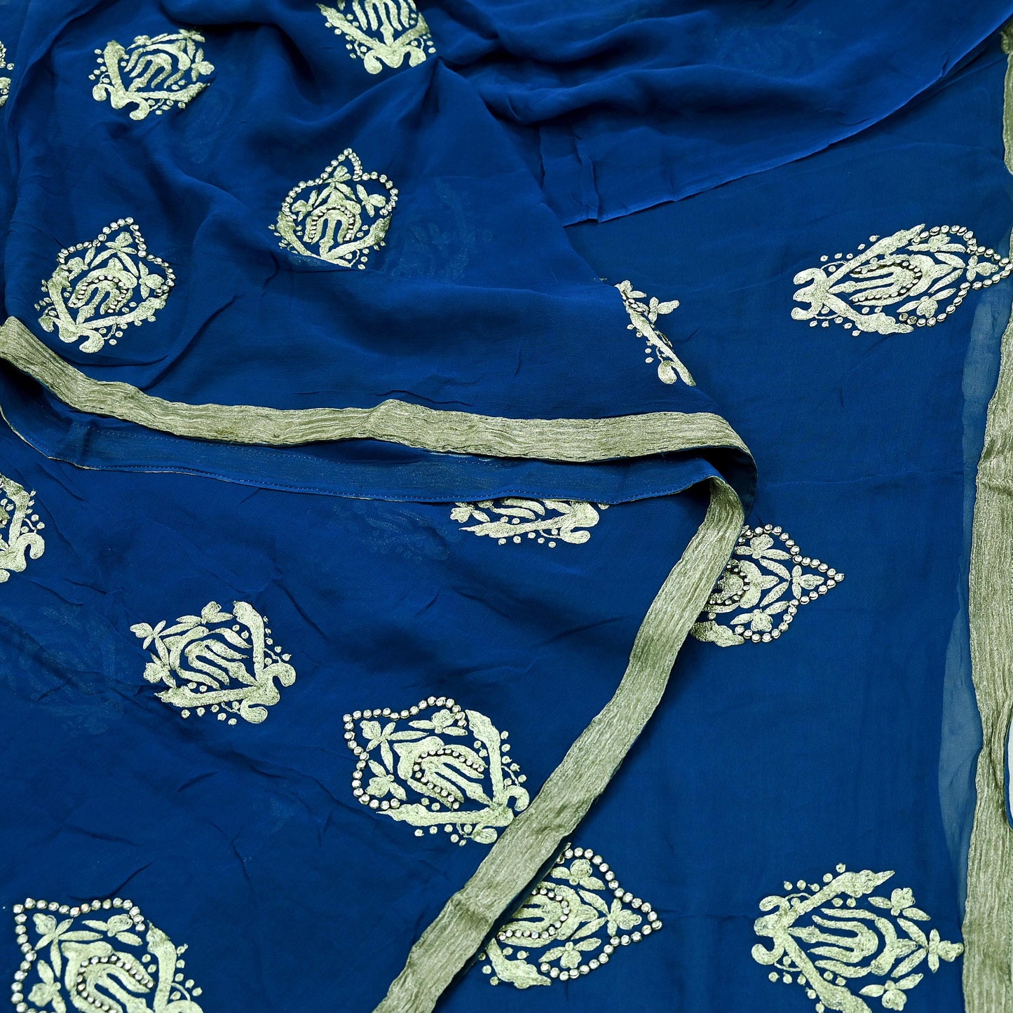 Indian Vintage Heavy Sari Blue Pure Georgette Silk Hand Embroidered Sarees Craft Fabric 5Yd Sewing Ethnic Zardozi/dabka zari Wedding sarees