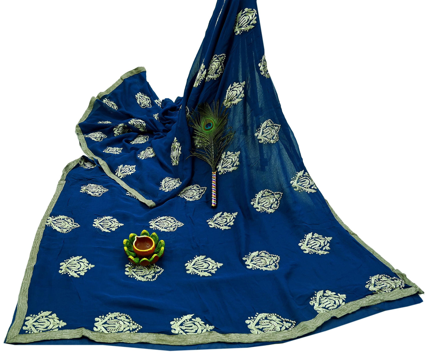 Indian Vintage Heavy Sari Blue Pure Georgette Silk Hand Embroidered Sarees Craft Fabric 5Yd Sewing Ethnic Zardozi/dabka zari Wedding sarees