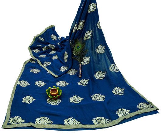 Indian Vintage Heavy Sari Blue Pure Georgette Silk Hand Embroidered Sarees Craft Fabric 5Yd Sewing Ethnic Zardozi/dabka zari Wedding sarees