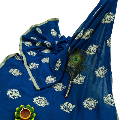 Indian Vintage Heavy Sari Blue Pure Georgette Silk Hand Embroidered Sarees Craft Fabric 5Yd Sewing Ethnic Zardozi/dabka zari Wedding sarees