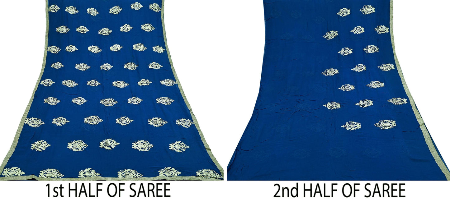 Indian Vintage Heavy Sari Blue Pure Georgette Silk Hand Embroidered Sarees Craft Fabric 5Yd Sewing Ethnic Zardozi/dabka zari Wedding sarees