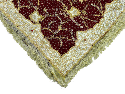 Indian Vintage Heavy Bridal Dupatta Maroon Pure Chiffon Silk Long Stole Hand Embroidered Hijab Scarf Zardozi/Dabka Zari Wedding Dupatta