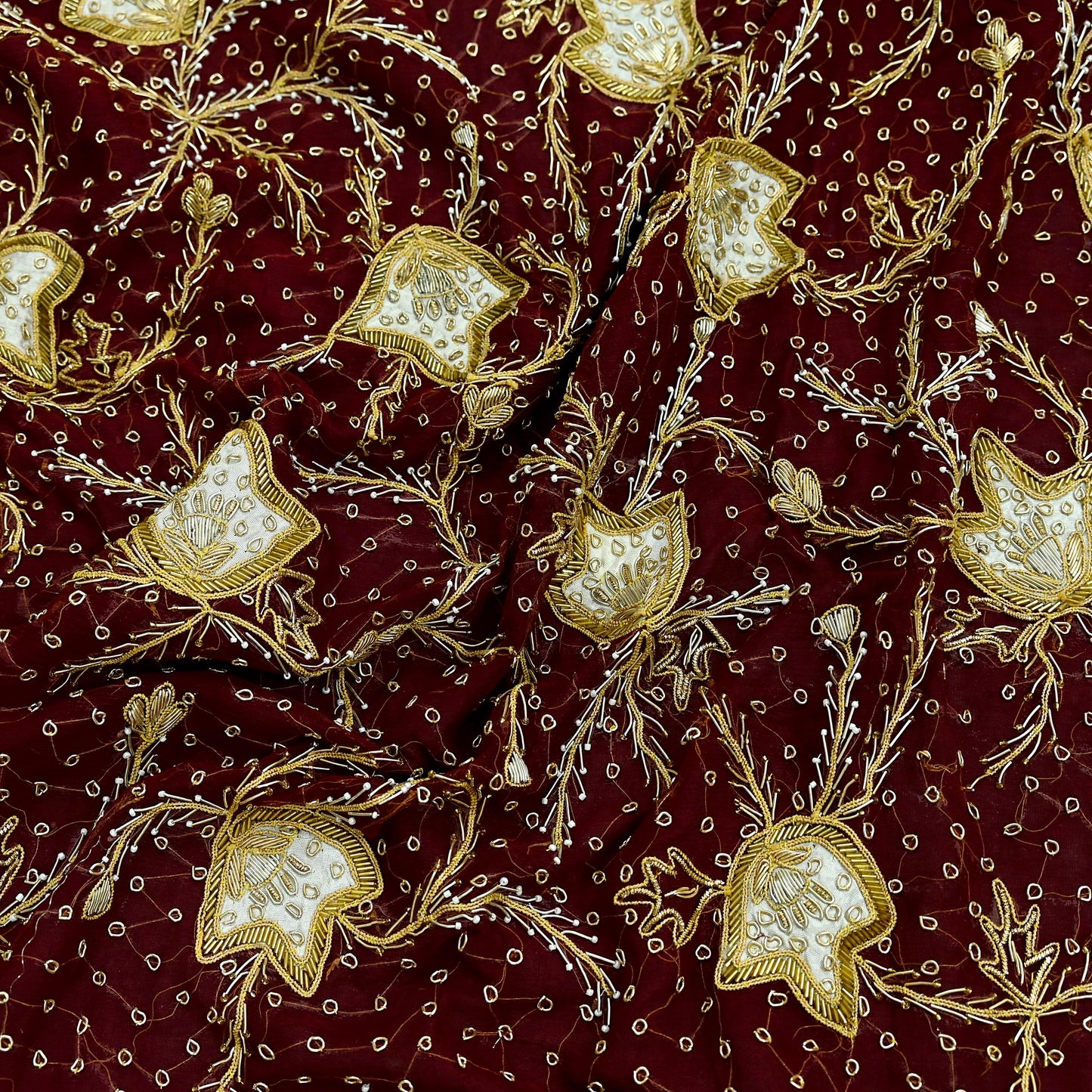 Indian Vintage Heavy Bridal Dupatta Maroon Pure Chiffon Silk Long Stole Hand Embroidered Hijab Scarf Zardozi/Dabka Zari Wedding Dupatta
