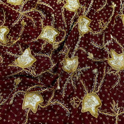 Indian Vintage Heavy Bridal Dupatta Maroon Pure Chiffon Silk Long Stole Hand Embroidered Hijab Scarf Zardozi/Dabka Zari Wedding Dupatta