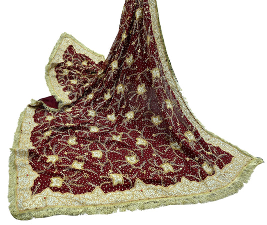 Indian Vintage Heavy Bridal Dupatta Maroon Pure Chiffon Silk Long Stole Hand Embroidered Hijab Scarf Zardozi/Dabka Zari Wedding Dupatta