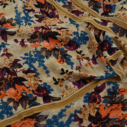 Indian Vintage Sari Beige Pure Georgette Silk Printed Sarees 5Yd Craft Fabric Sewing Quilting Dress making Crafting Quilting Upcycle