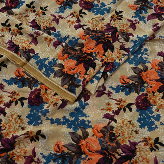 Indian Vintage Sari Beige Pure Georgette Silk Printed Sarees 5Yd Craft Fabric Sewing Quilting Dress making Crafting Quilting Upcycle