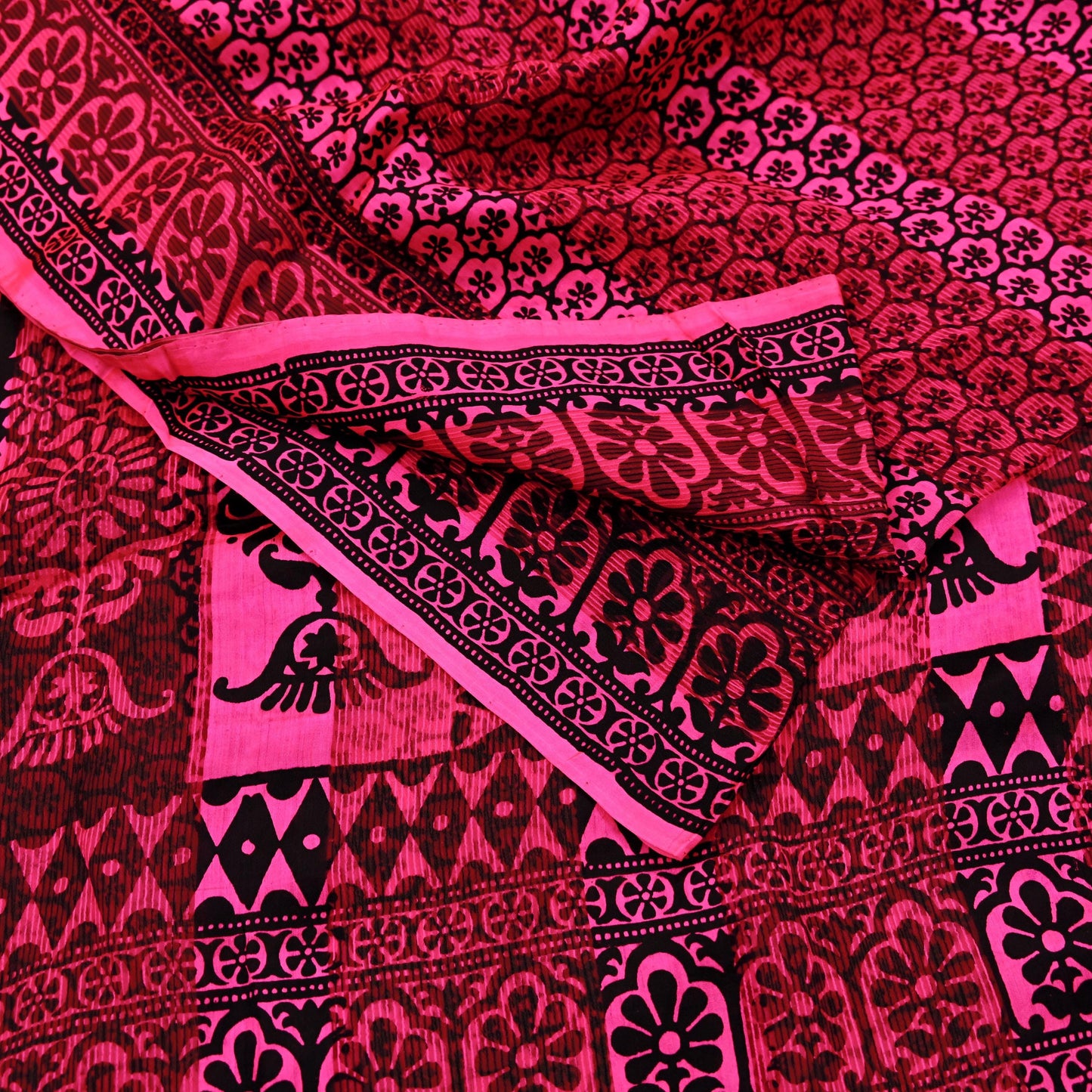 Indian Vintage Black & Pink Saree 100% Pure Silk Printed Sari 5yd Sewing Craft Fabric DressMaking Soft Fringes Crafting Quilting Upcycle