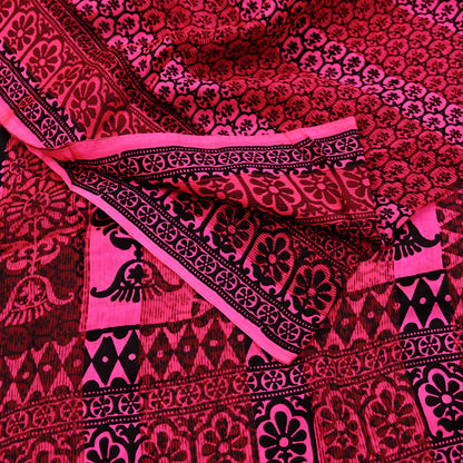 Indian Vintage Black & Pink Saree 100% Pure Silk Printed Sari 5yd Sewing Craft Fabric DressMaking Soft Fringes Crafting Quilting Upcycle