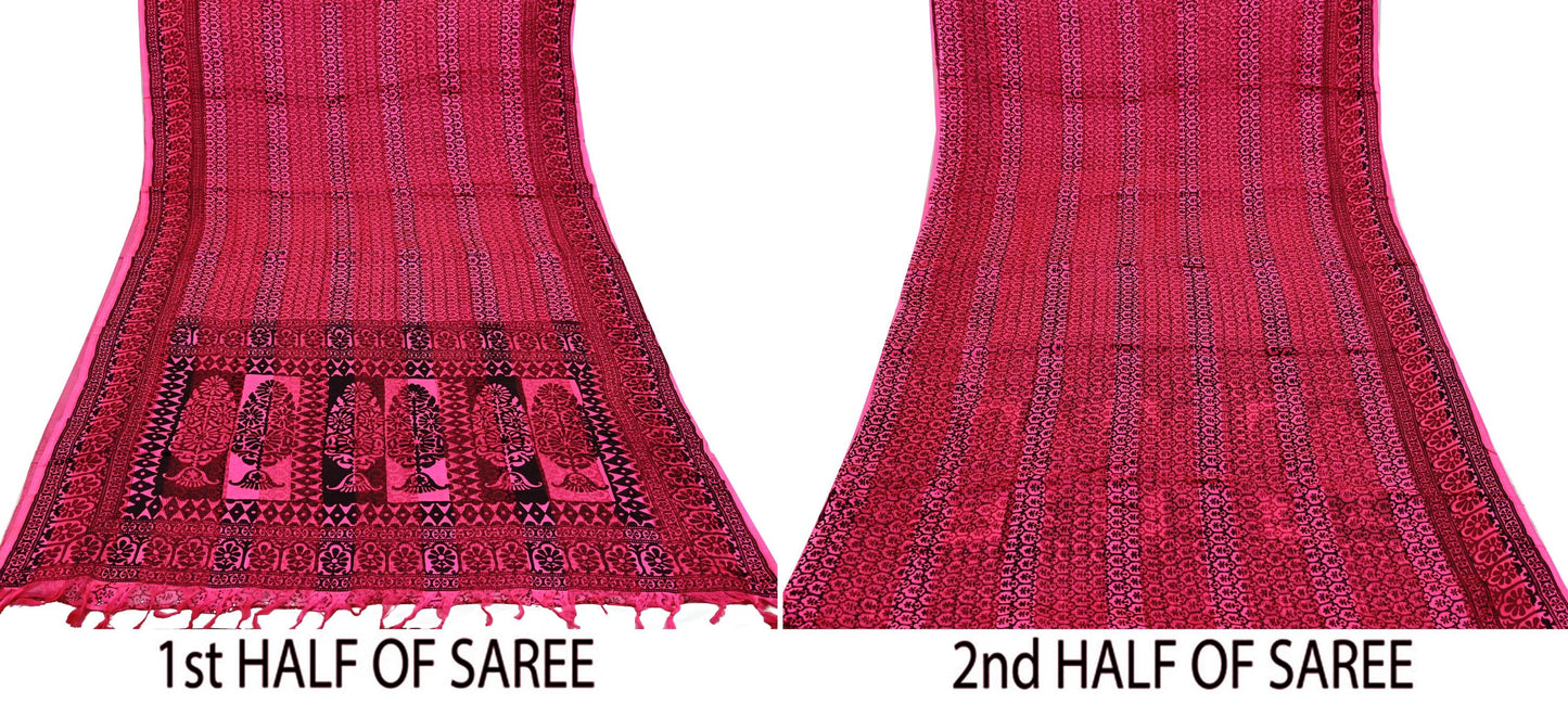 Indian Vintage Black & Pink Saree 100% Pure Silk Printed Sari 5yd Sewing Craft Fabric DressMaking Soft Fringes Crafting Quilting Upcycle