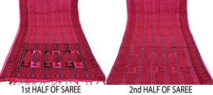 Indian Vintage Black & Pink Saree 100% Pure Silk Printed Sari 5yd Sewing Craft Fabric DressMaking Soft Fringes Crafting Quilting Upcycle